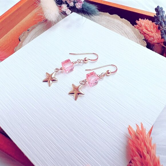 Crystal Cube and Star Charm Earrings | Handmade in BC - Picture 6 of 7